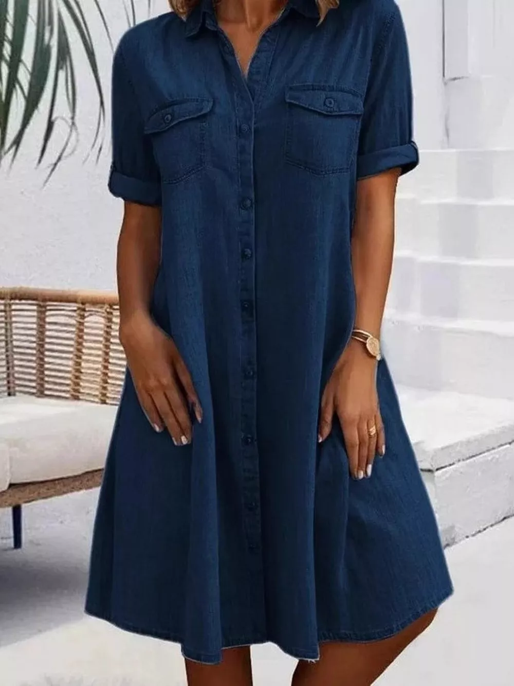 Full Size Button-Front Short Sleeve Denim Dress Plus Size, image 2