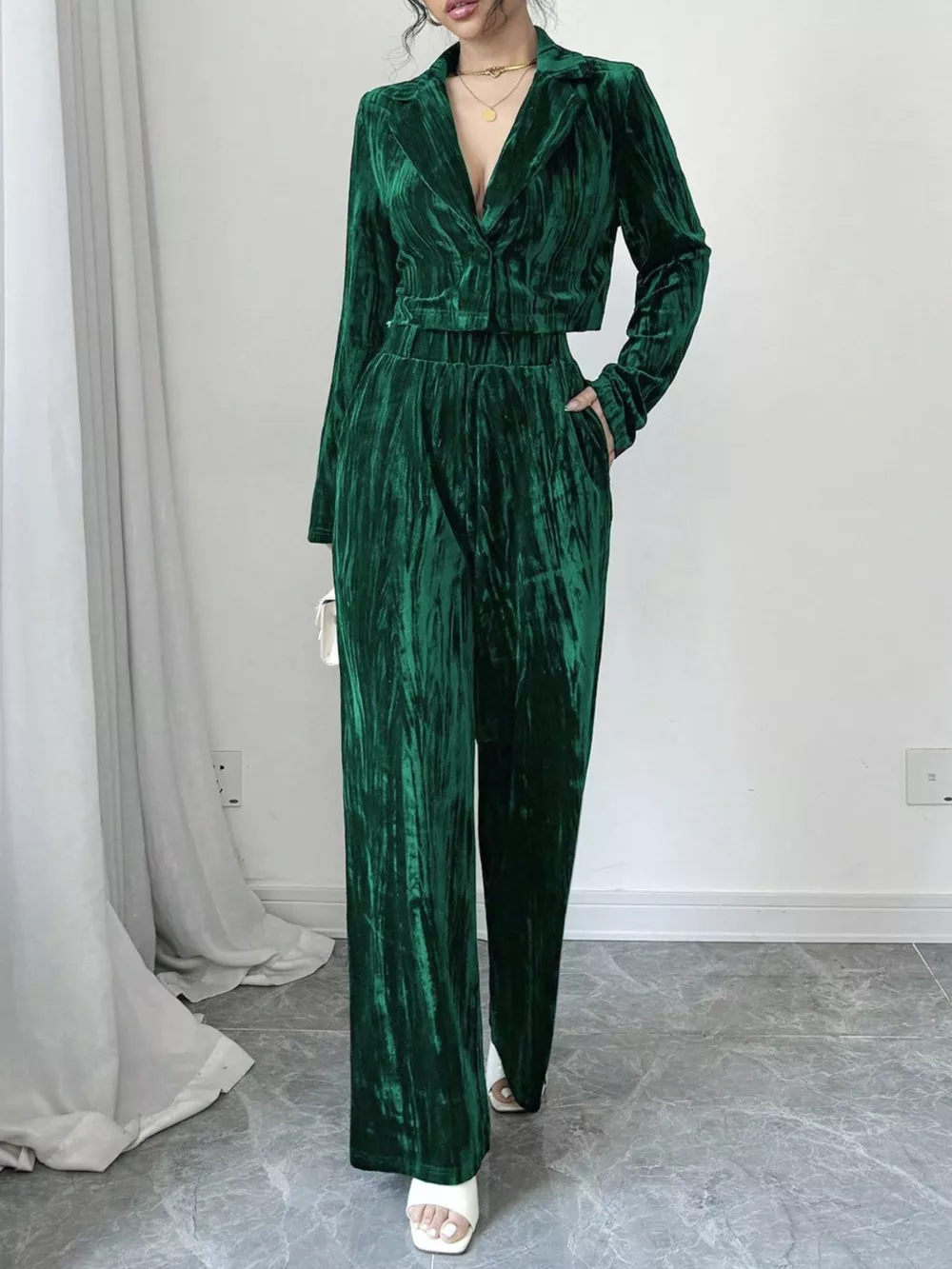 Pleated Velvet Blazer & Wide Leg Pants Set, image 8