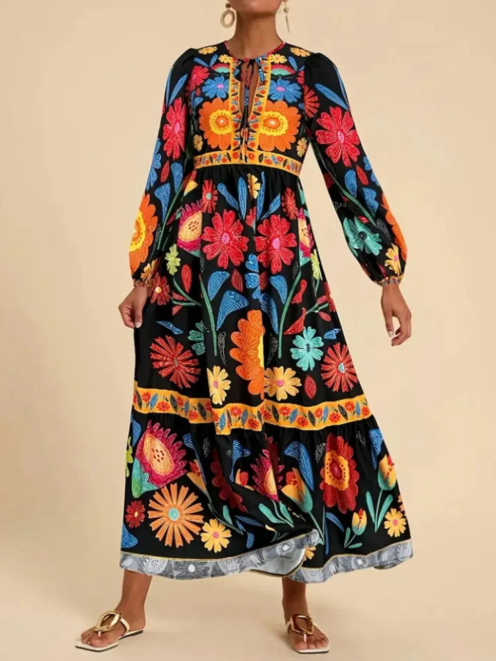 Floral Tie Waist Long Sleeve Dress, image 7