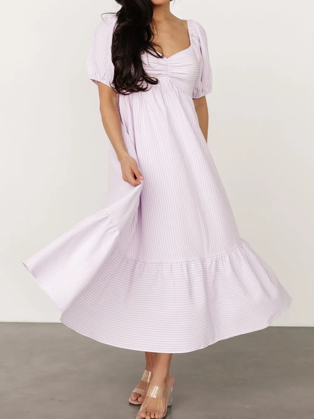 Striped Sweetheart Neck Puff Sleeve Midi Dress, image 7