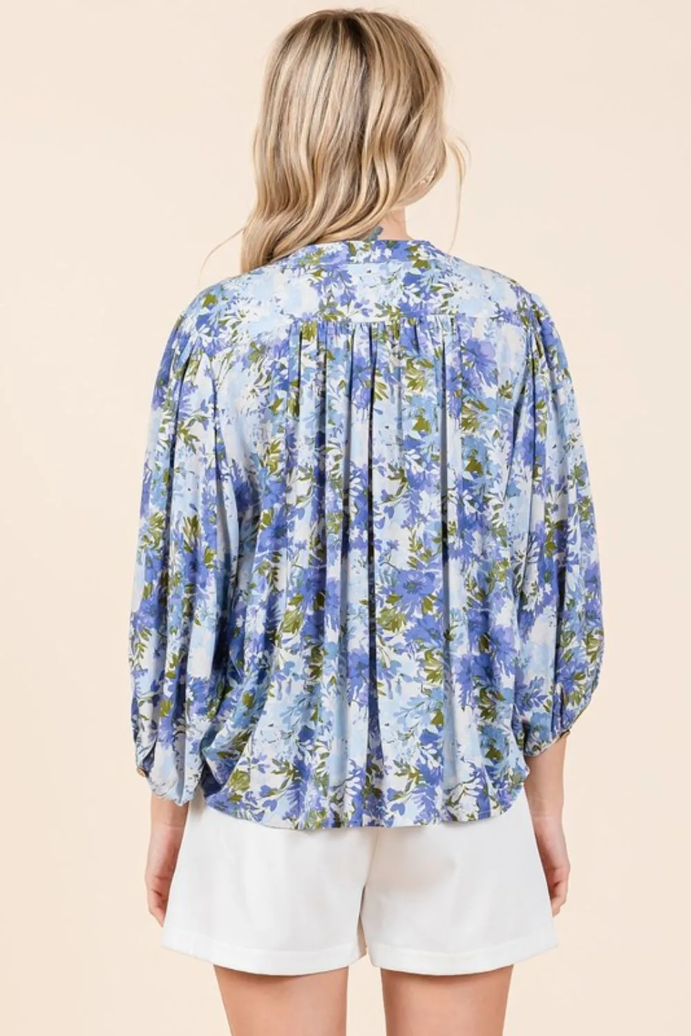 Flower Print Batwing Sleeve Button Down Blouse, image 3