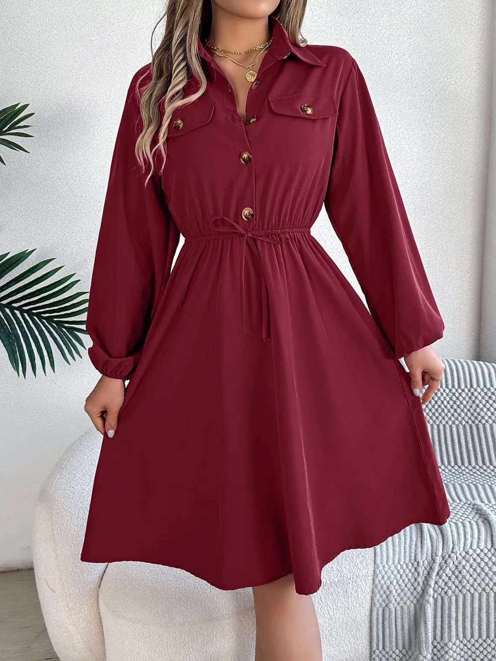 Collared Neck Long Sleeve Dress with Pockets, image 9