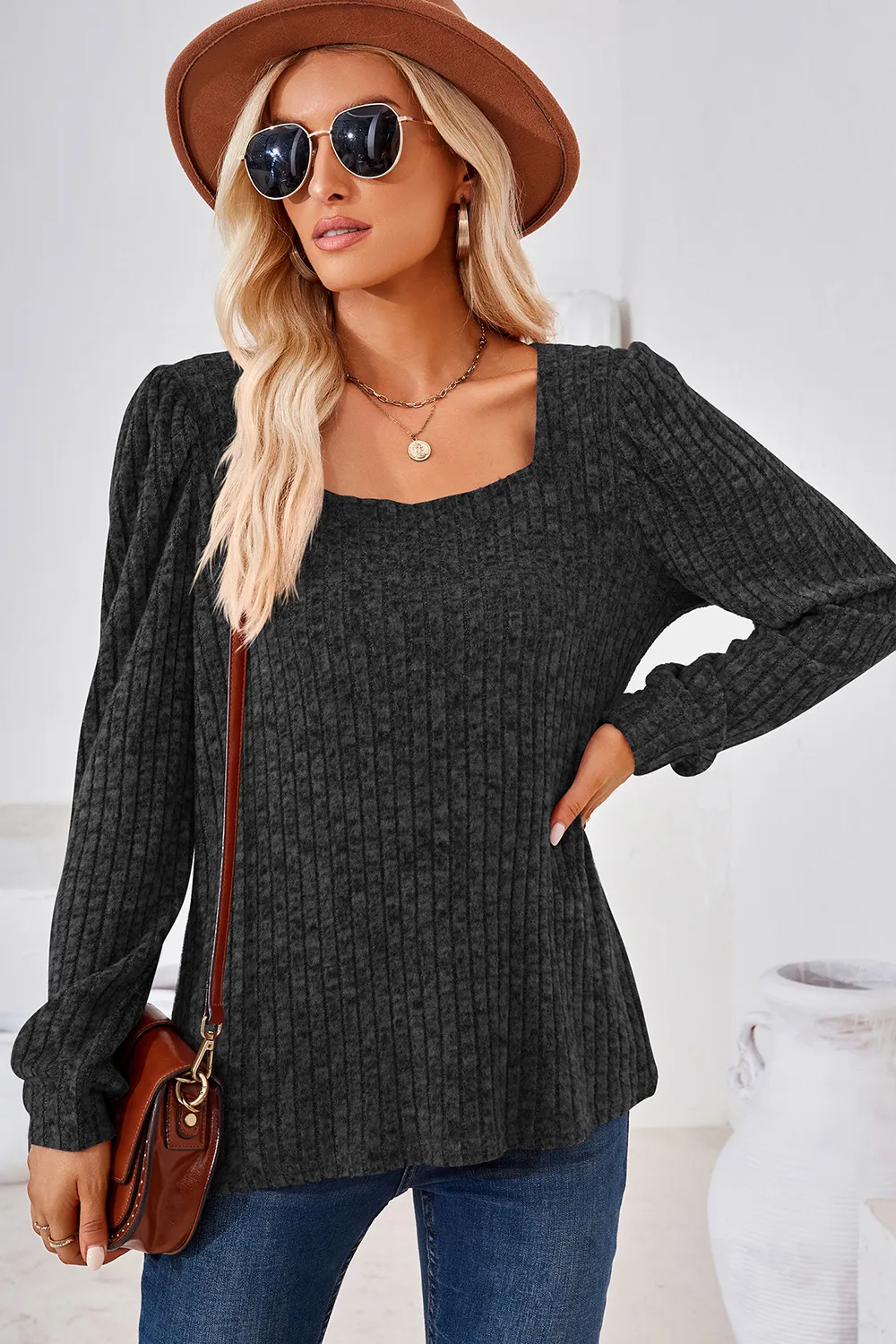 Ribbed Square Neck Long Sleeve T-Shirt, image 7