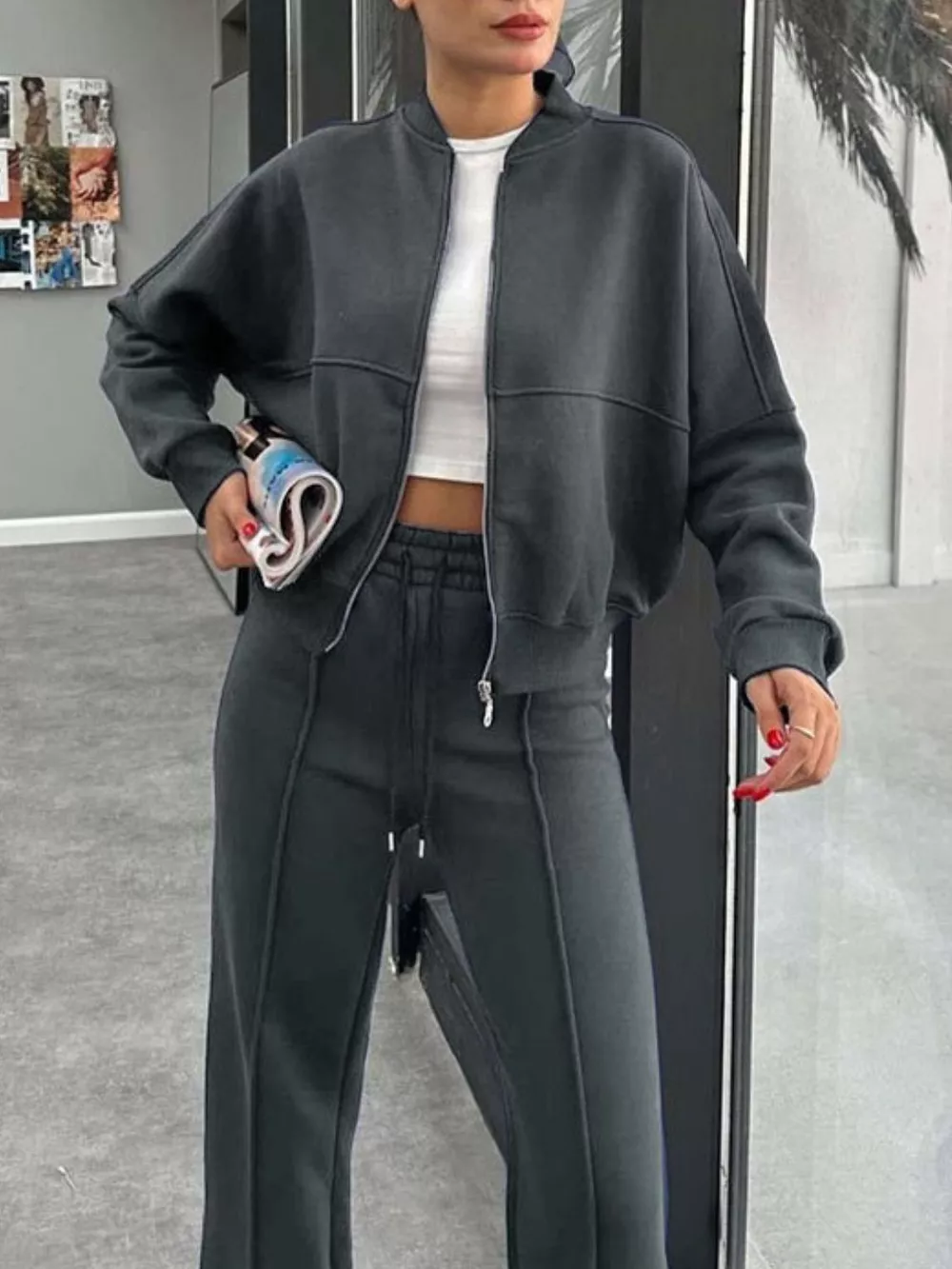 Baseball Collar Zip Up Outerwear and Drawstring Pants Set, image 12