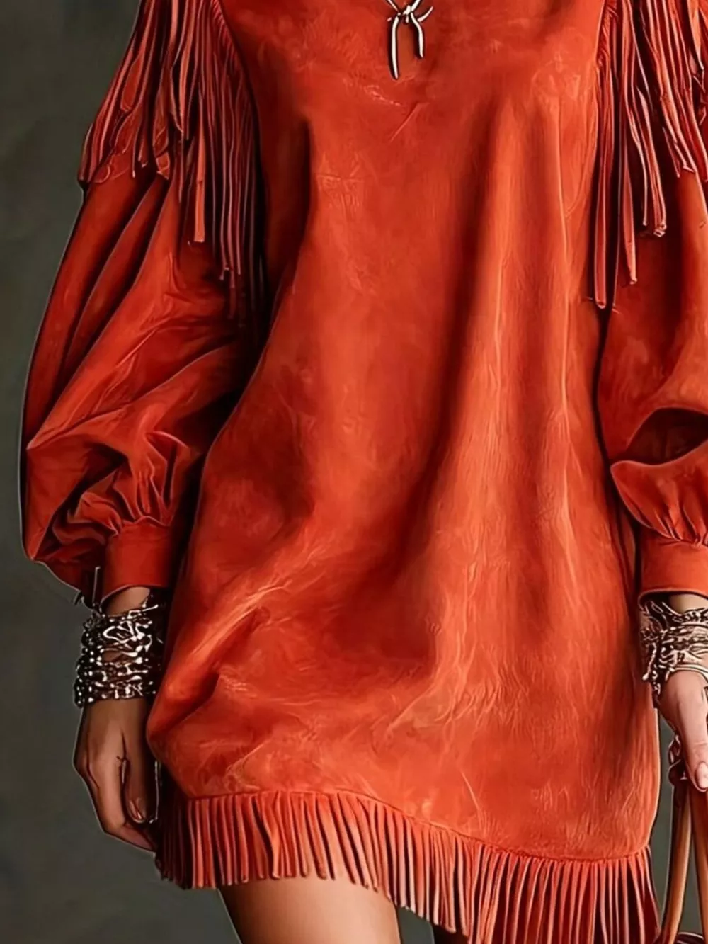 Fringe Detail Lantern Sleeve Mini Dress, image 5