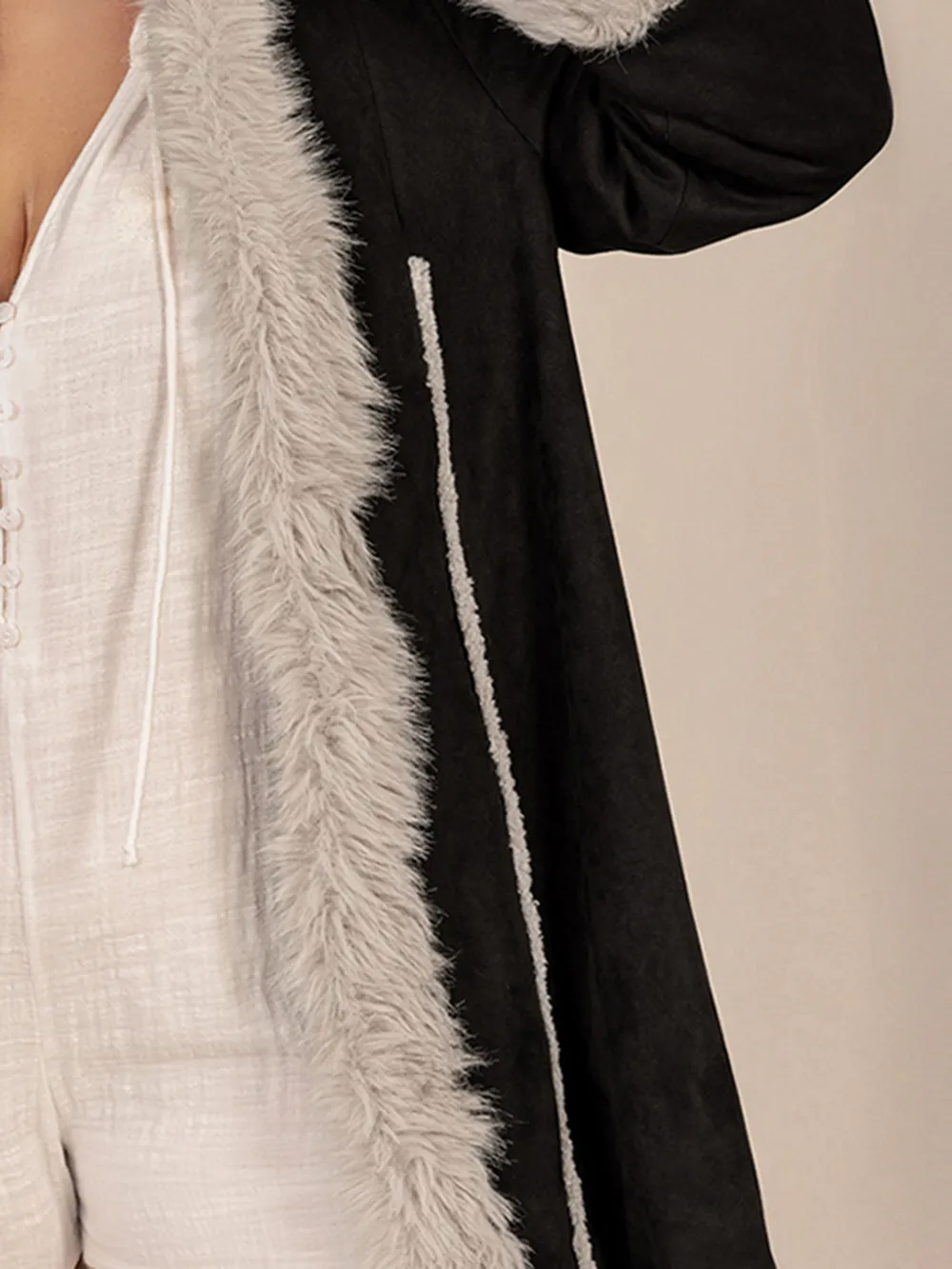 Plus Size Fuzzy Trim Open Front Long Sleeve Hooded Coat, image 4