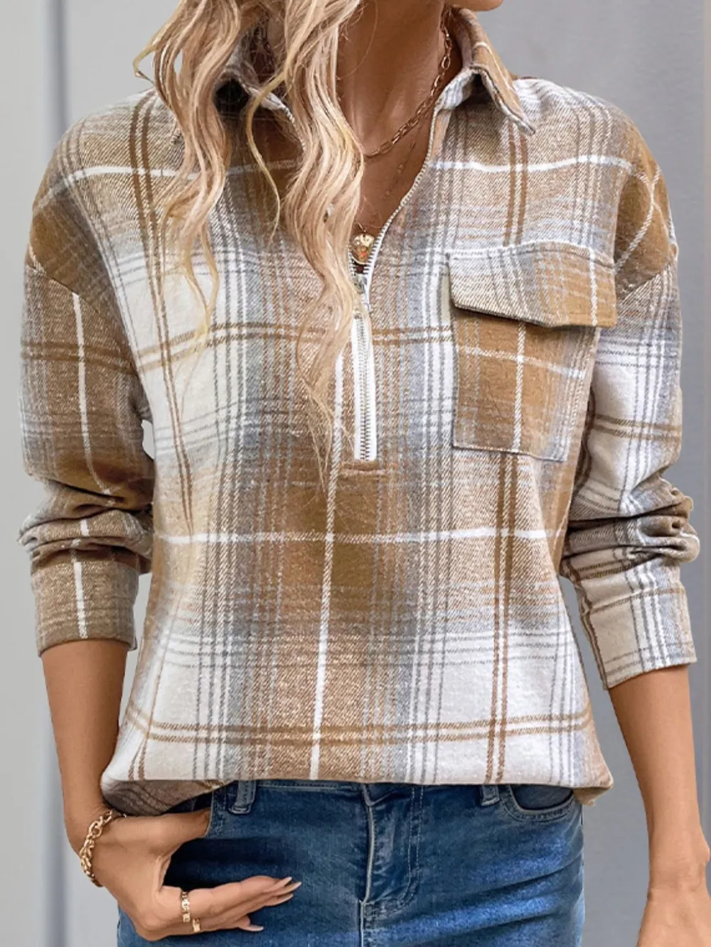 Plaid Collared Neck Half Zip Long Sleeve Top, image 3