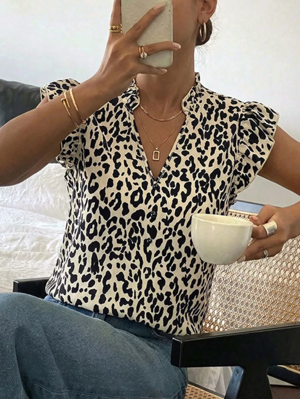 Leopard Print Ruffle Sleeve Blouse, image 3