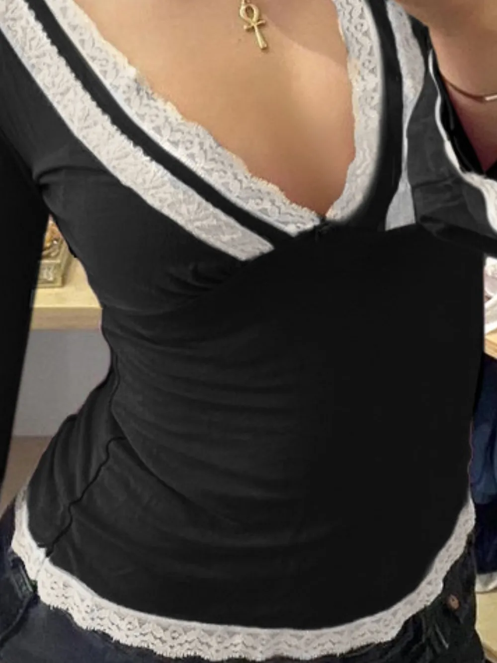 Lace Trim V-Neck Long Sleeve Top, image 11