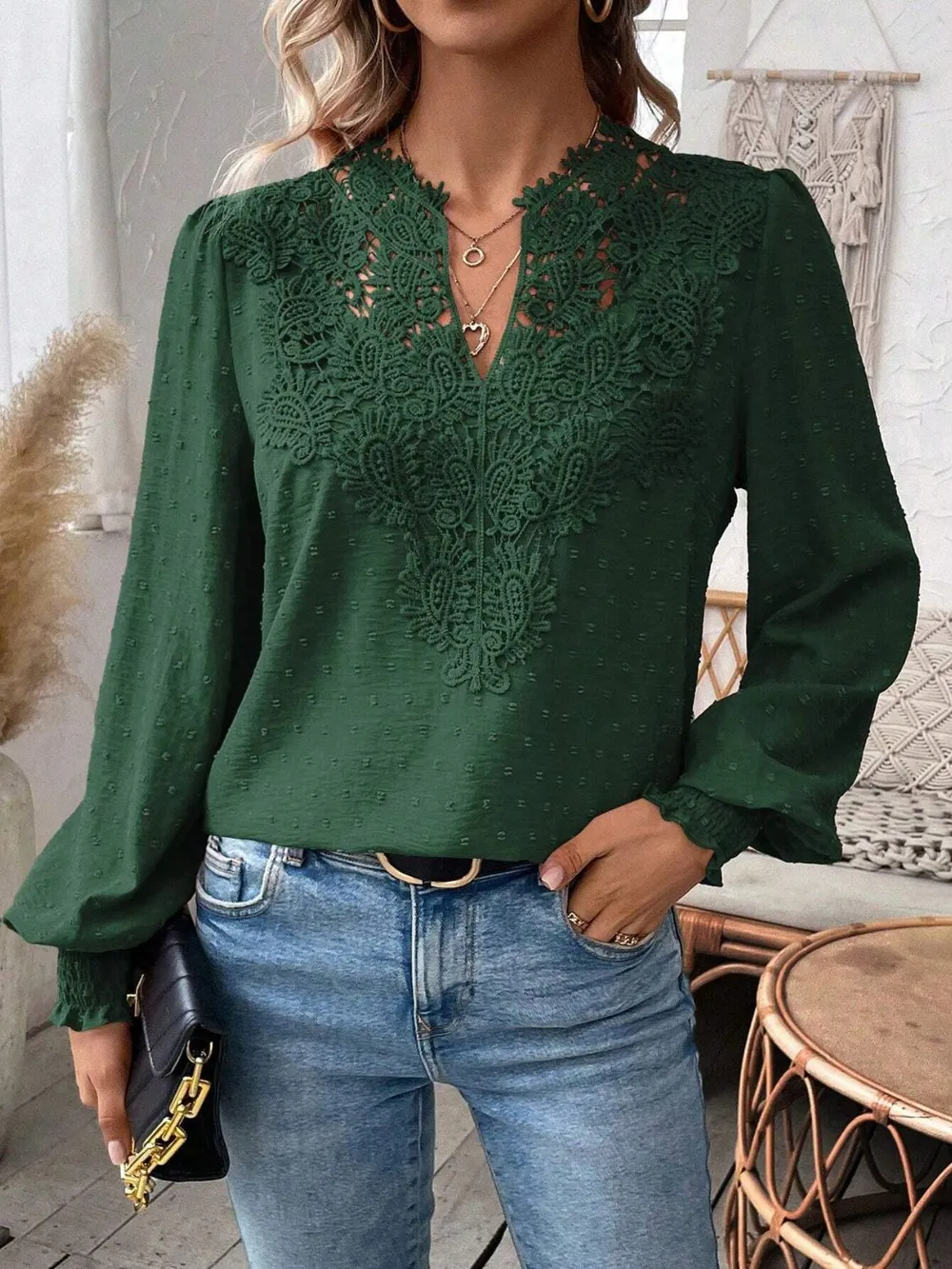 Swiss Dot Lace Detail Notched Long Sleeve Blouse, image 12