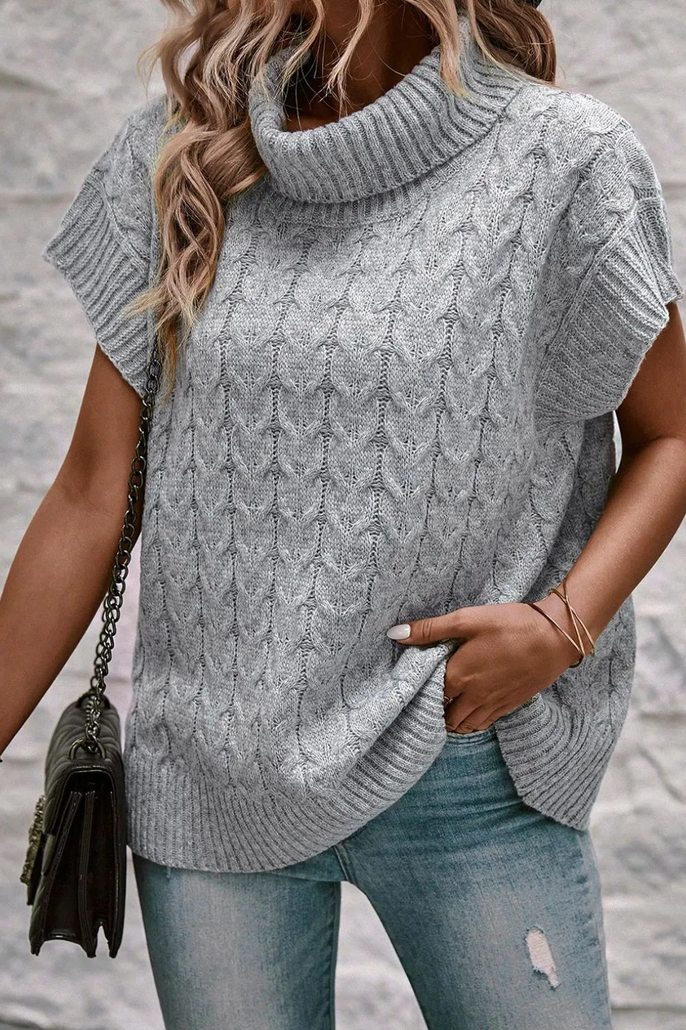 Cable Knit Turtleneck Short Sleeve Sweater, image 5