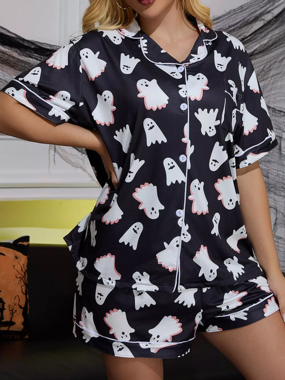Halloween Ghost Print Button-Down Top and Shorts Lounge Set, image 2