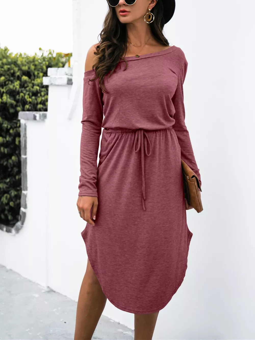 One-Shoulder Long Sleeve Midi Dress with Drawstring Waist, image 9