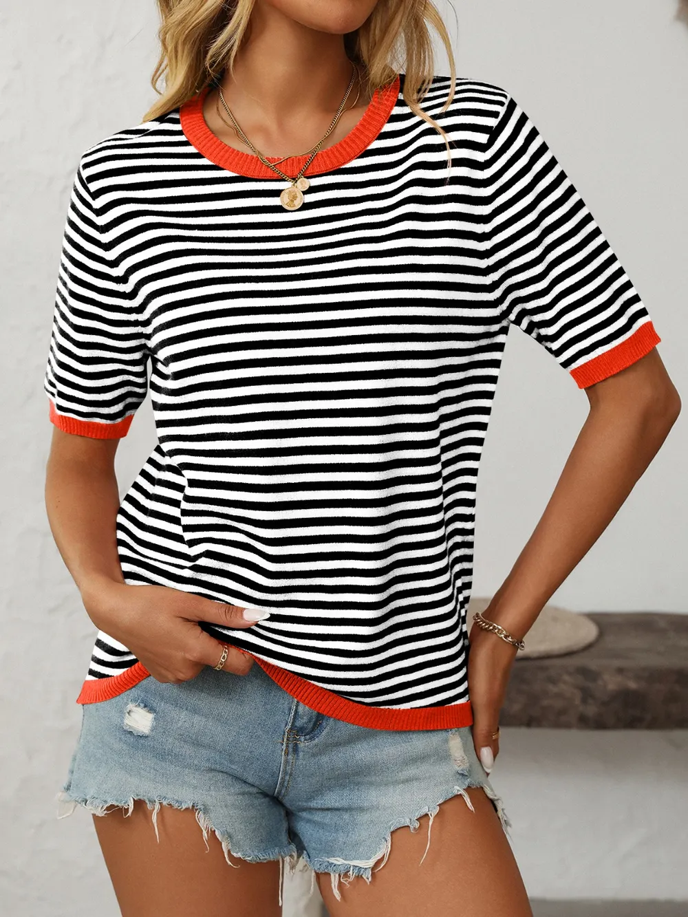 Striped Round Neck Half Sleeve Knit Top