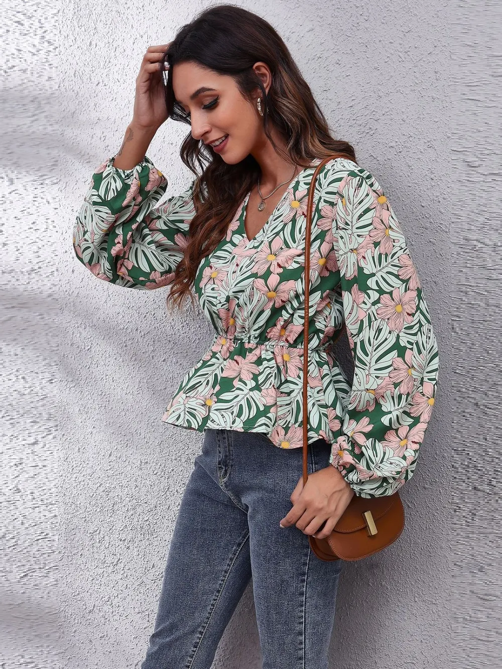Ruched Printed V-Neck Long Sleeve Blouse, image 25