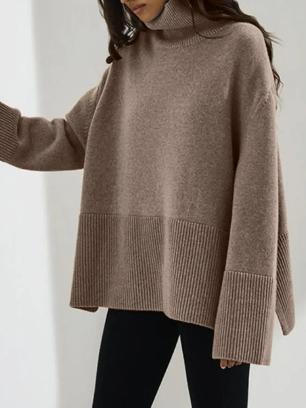 Side Slit Turtleneck Drop Shoulder Sweater, image 22