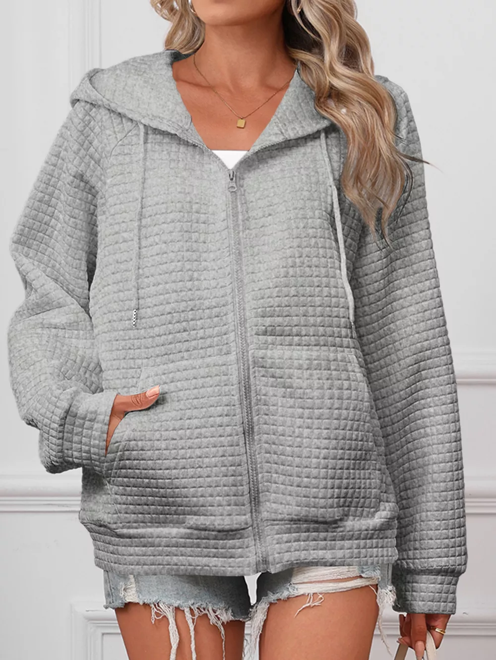Full Size Textured Quilted Zip-Up Hooded Jacket Plus Size, image 4
