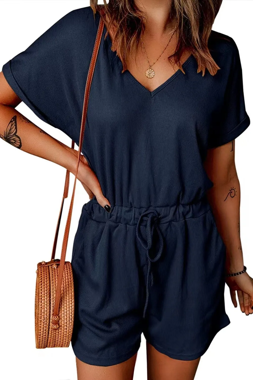 Full Size Drawstring V-Neck Short Sleeve Romper, image 7
