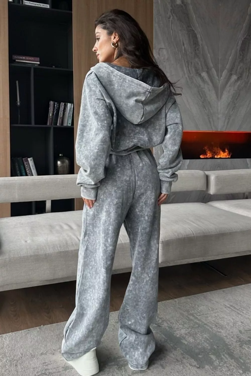 Acid Wash Zip-Up Hoodie and Wide-Leg Sweatpants Set, image 3