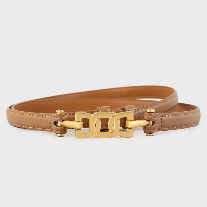 Gold Buckle Skinny Leather Belt, image 7