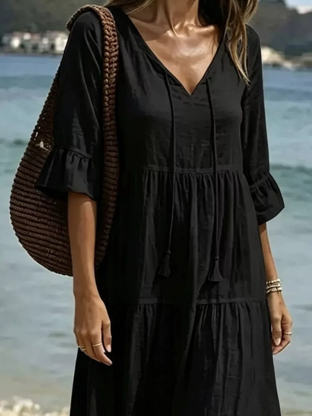 Full Size Tiered Tie Neck Flounce Sleeve Dress Plus Size, image 11
