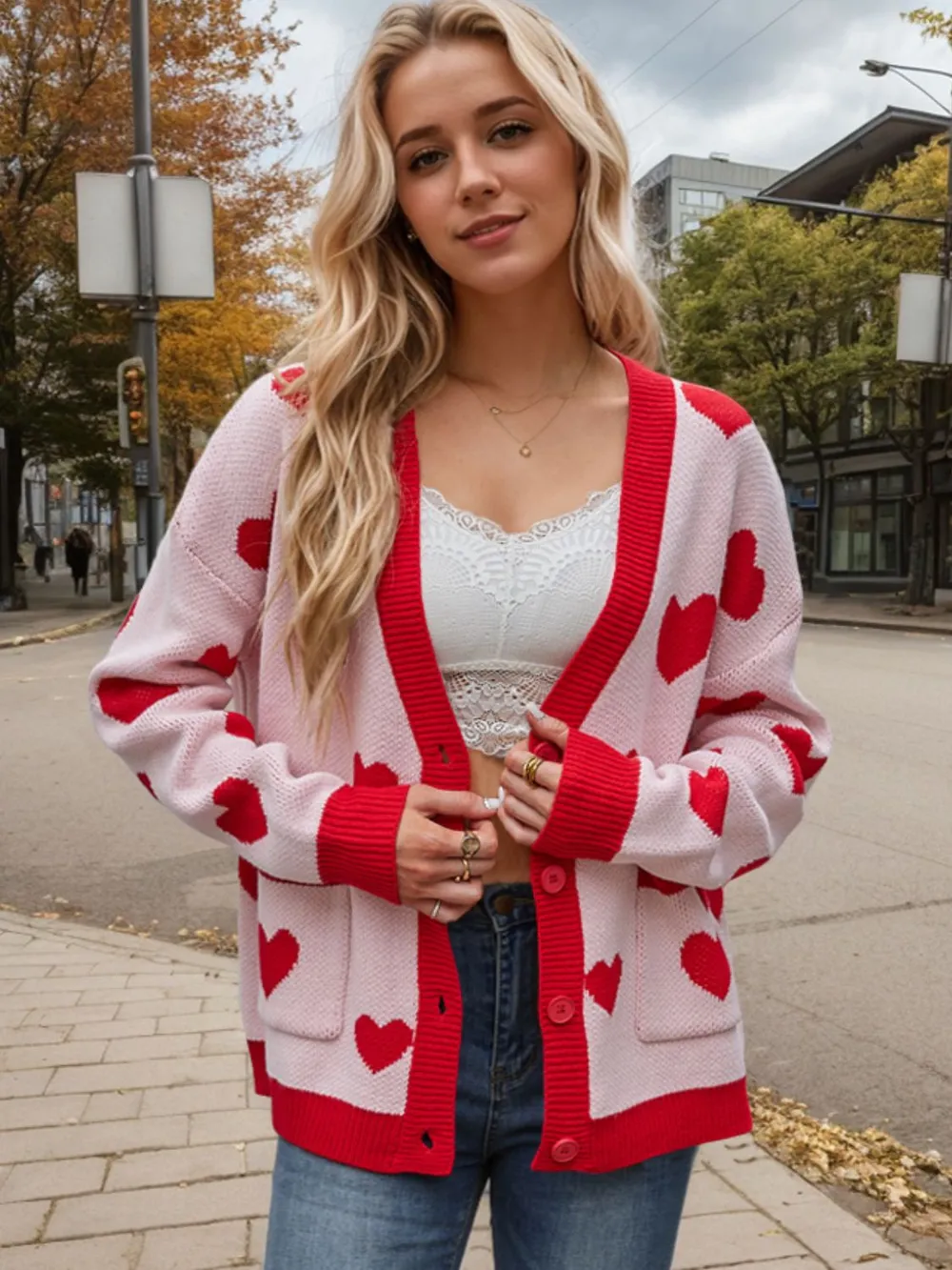 Heart Button Up Dropped Shoulder Long Sleeve Cardigan, image 5
