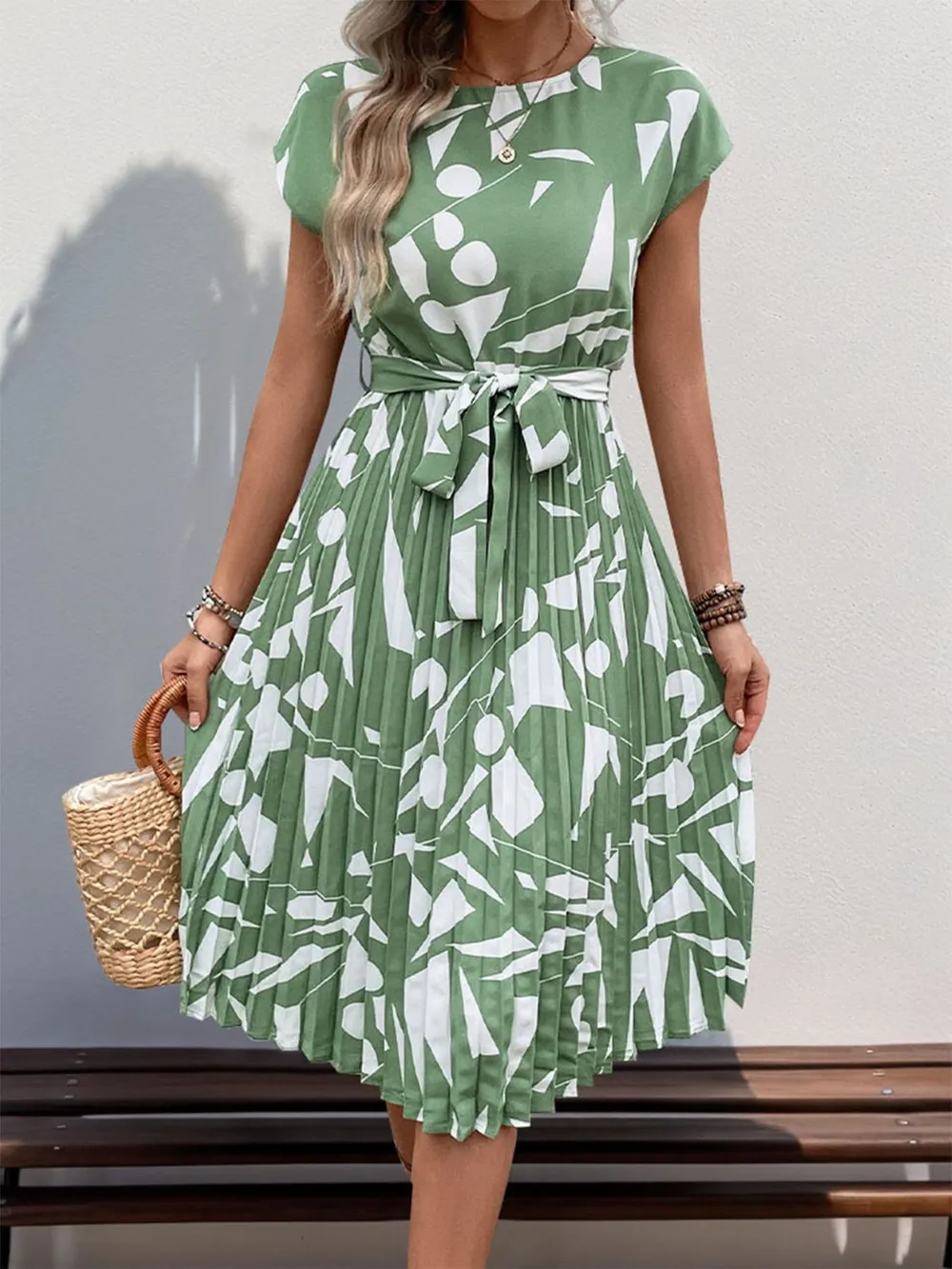 Tied Pleated Printed Cap Sleeve Dress, image 13