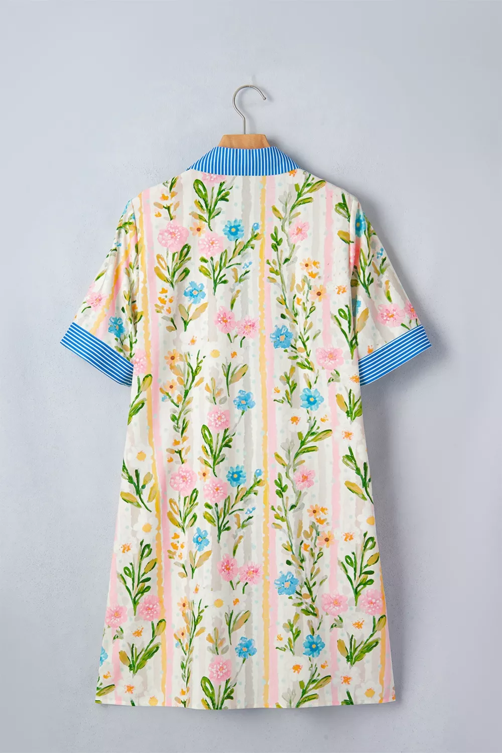 Multicolour Floral Print Striped Trim Button Down Shift Dress, image 4