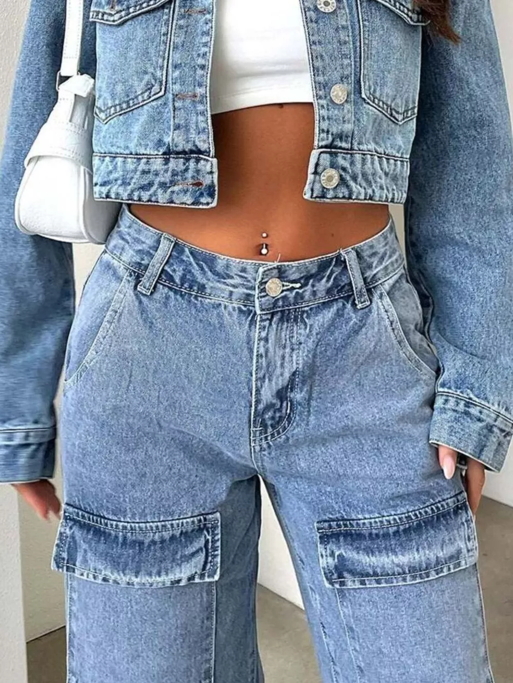 High-Waisted Wide-Leg Cargo Jeans, image 5