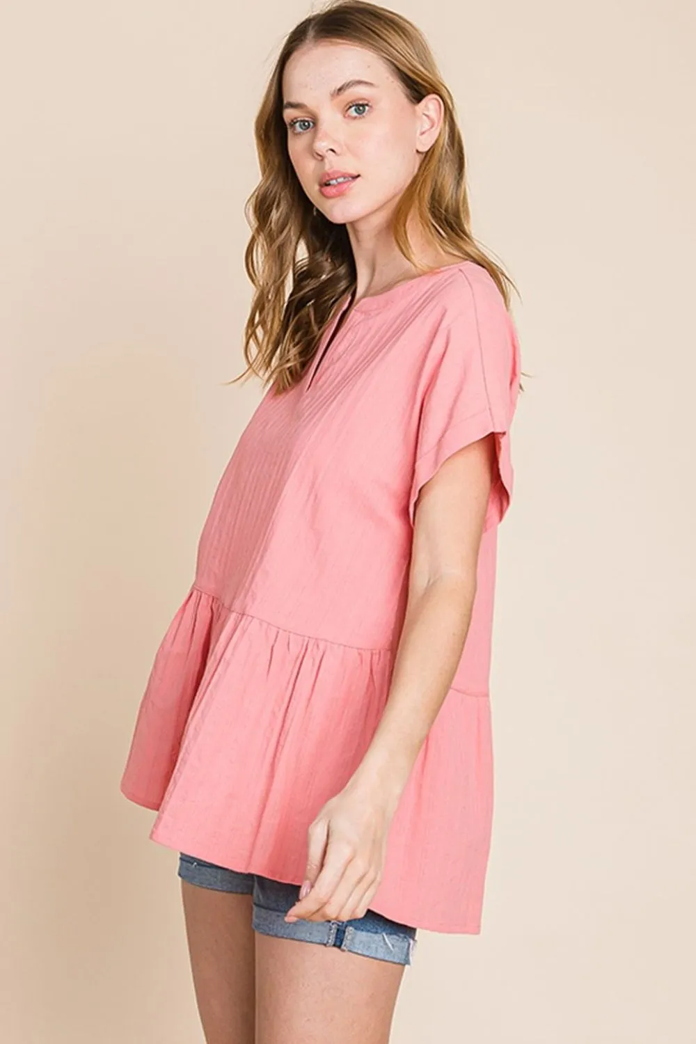 Cotton Bleu by Nu Label Notched Short Sleeve Peplum Top, image 3