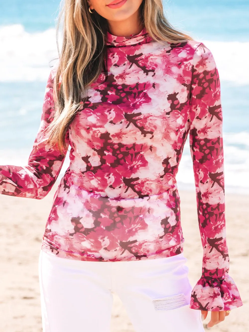 Floral Mesh Flounce Sleeve Mock Neck Blouse, image 3
