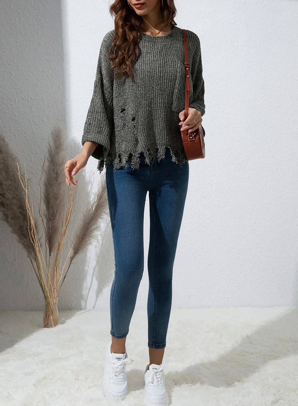 Distressed Round Neck Drop Shoulder Sweater, image 6