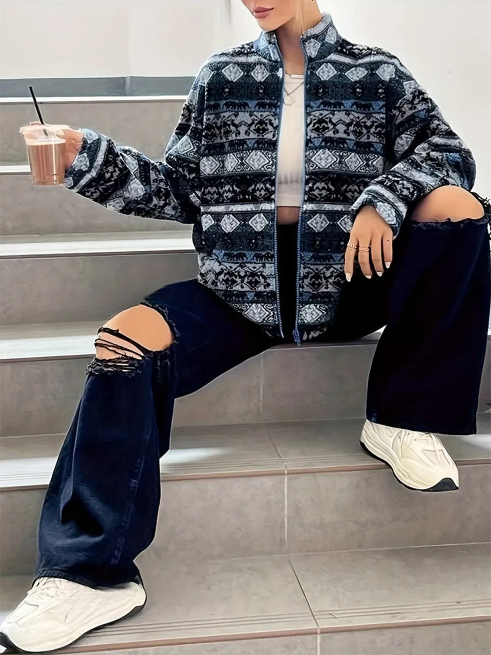 Geometric Turtleneck Zip Up Jacket, image 5