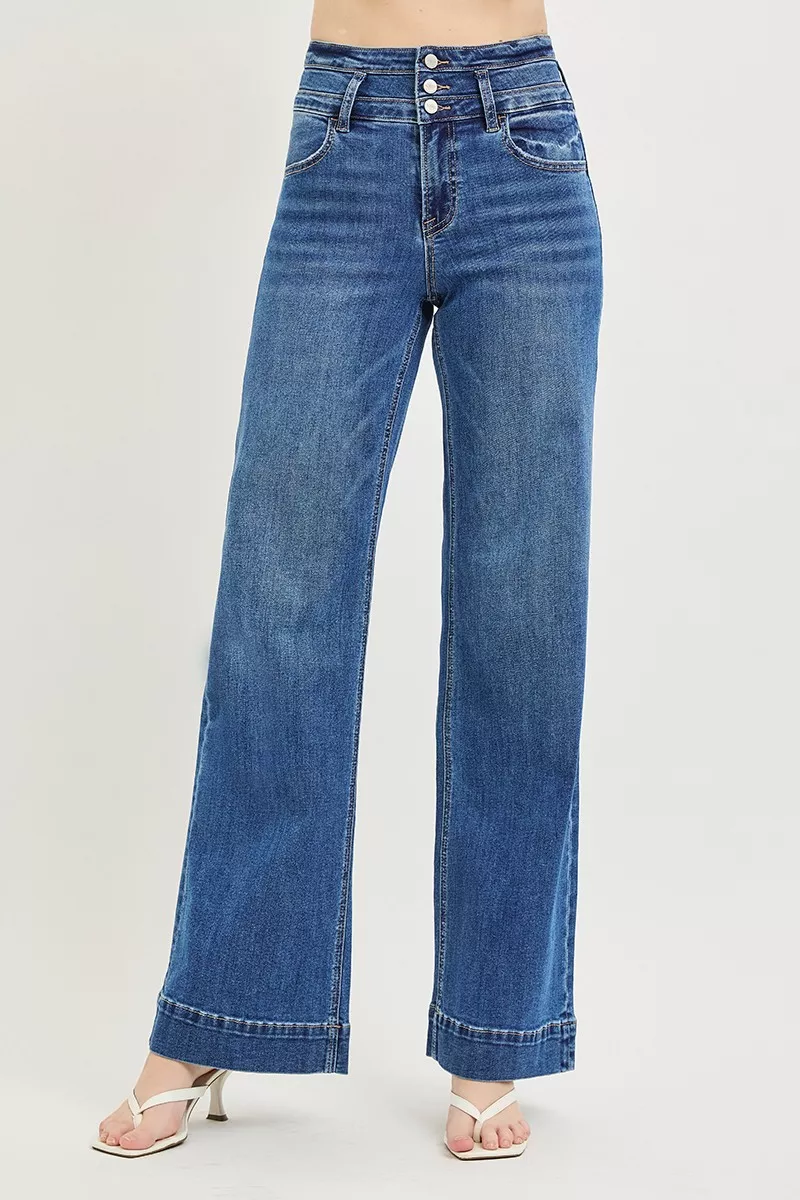 High Rise Wide Leg Wide Band Detail Jeans