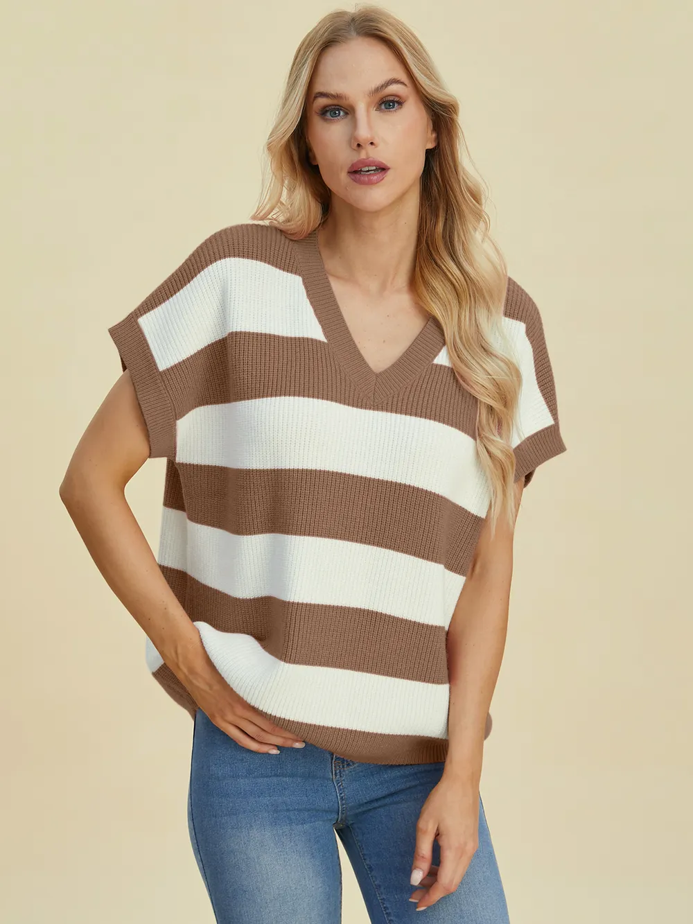 Full Size Striped V-Neck Short Sleeve Sweater, image 9