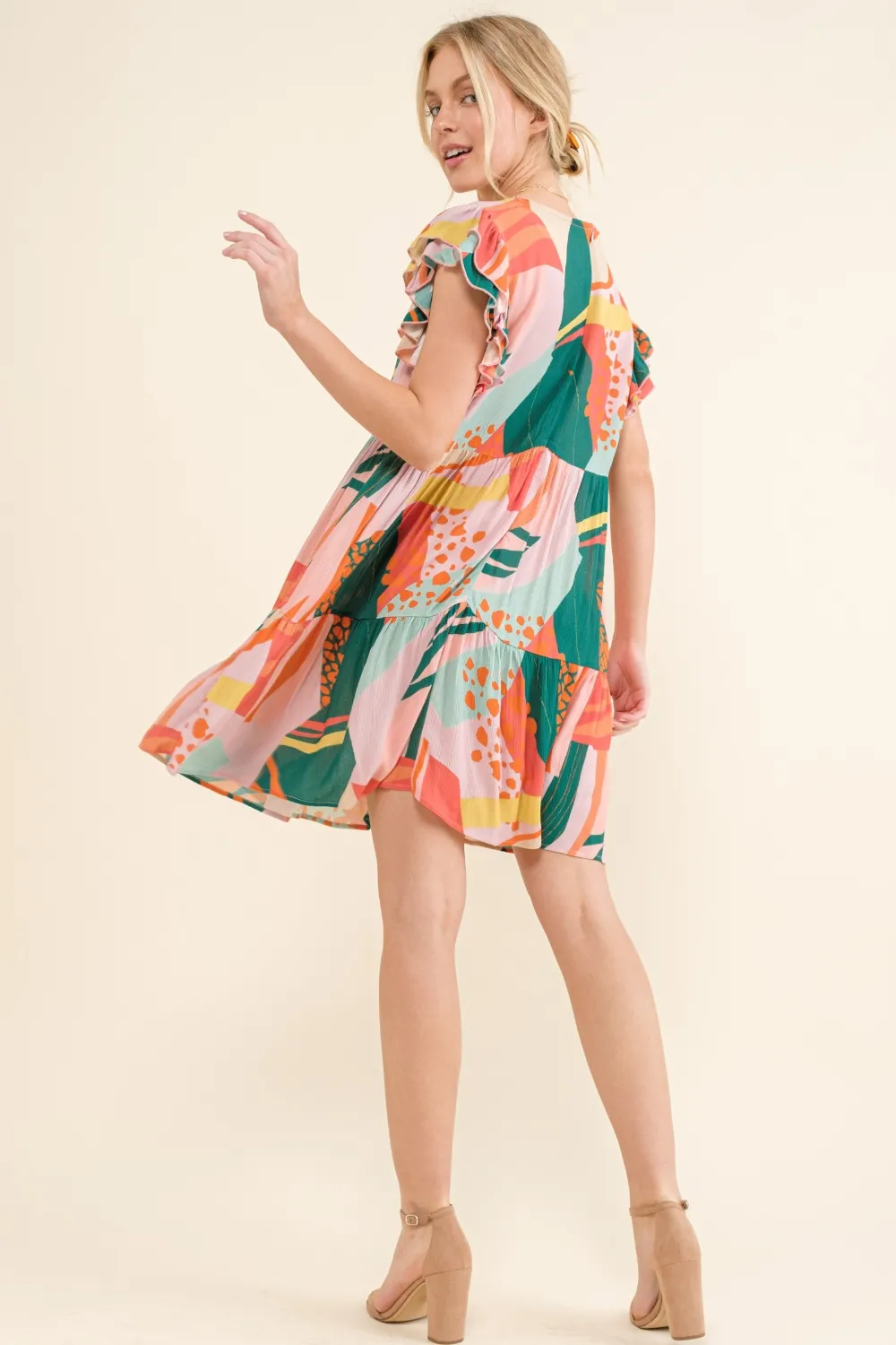 Printed Double Ruffle Sleeve Dress, image 3