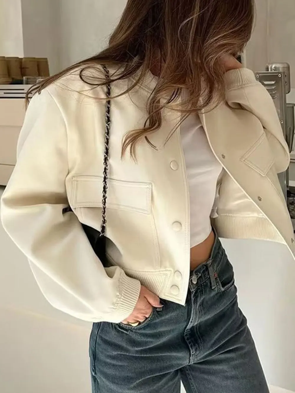 Pocketed Snap Down Baseball Collar Jacket, image 6