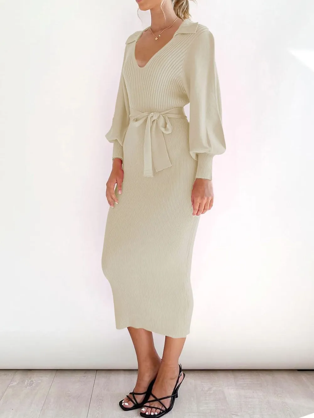 Tied Long Sleeve Wrap Sweater Dress, image 4