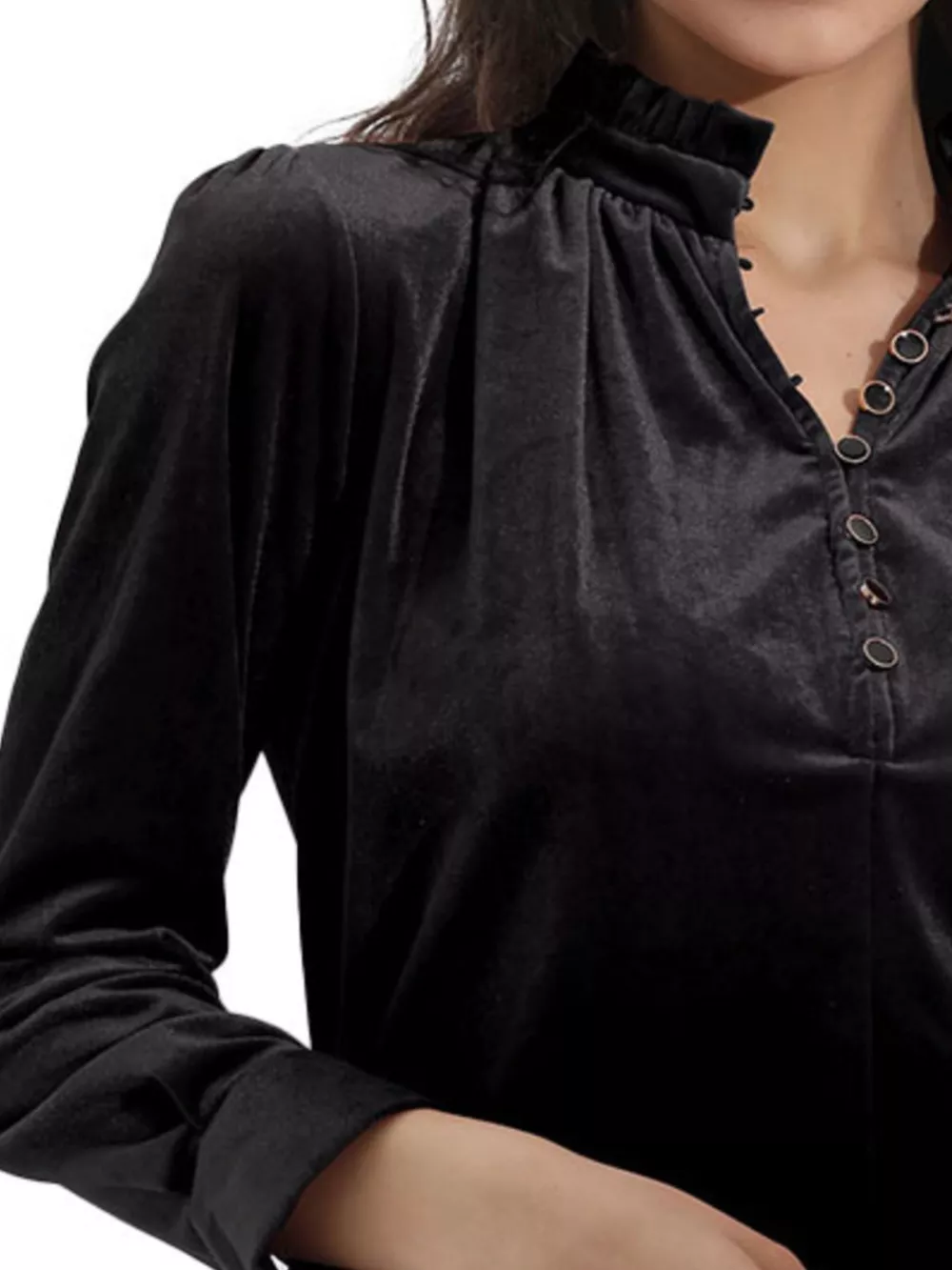 Elegant Velvet Ruffle Neck Blouse, image 5