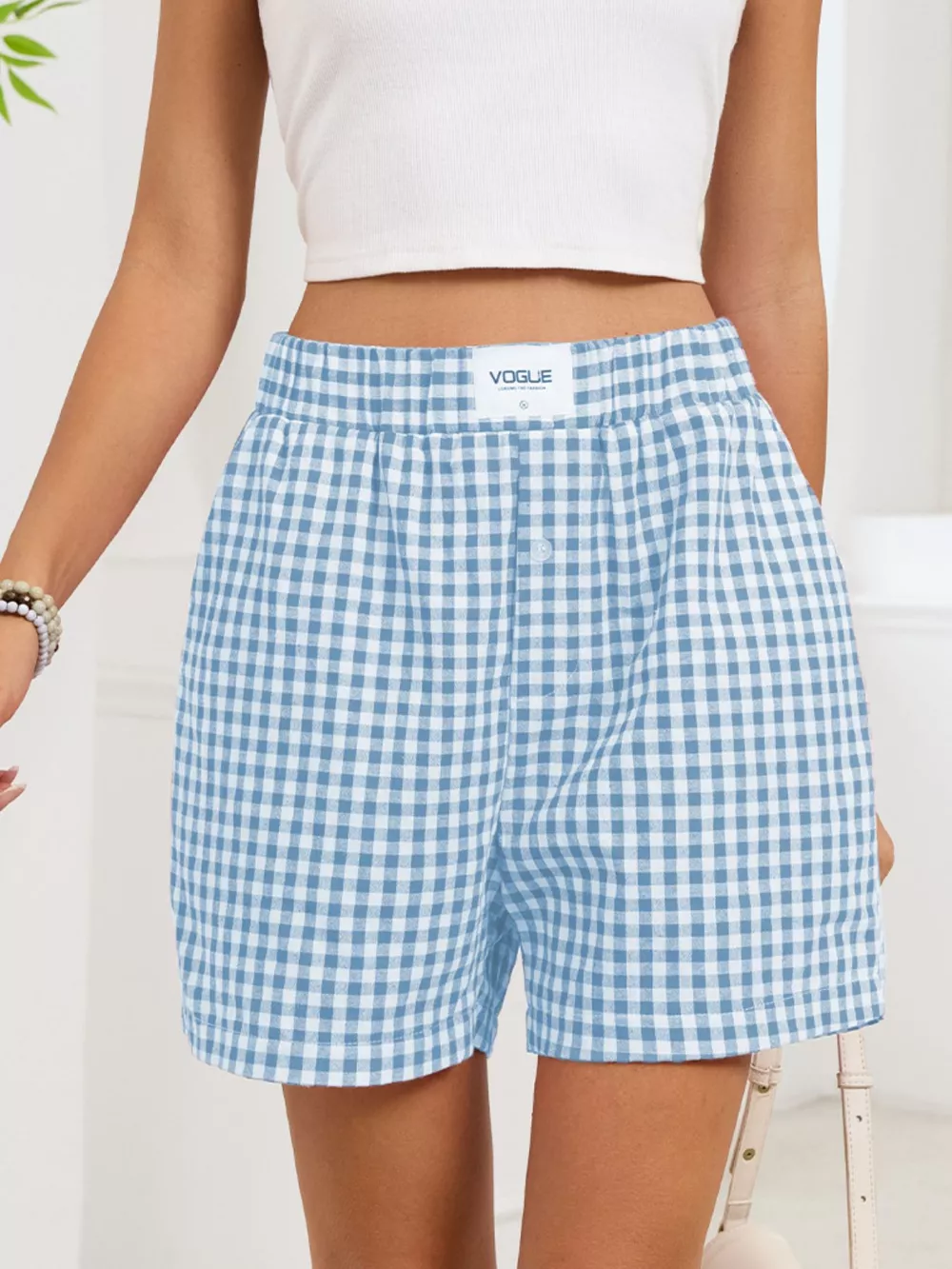 Gingham Elastic Waist Casual Shorts, image 10