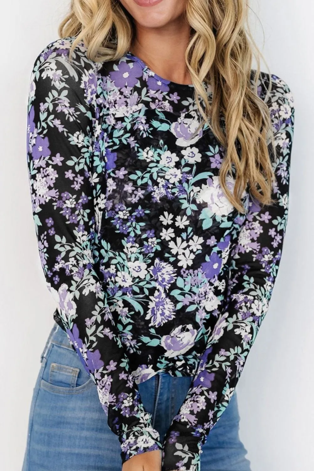 Floral Round Neck Long Sleeve T-Shirt, image 4