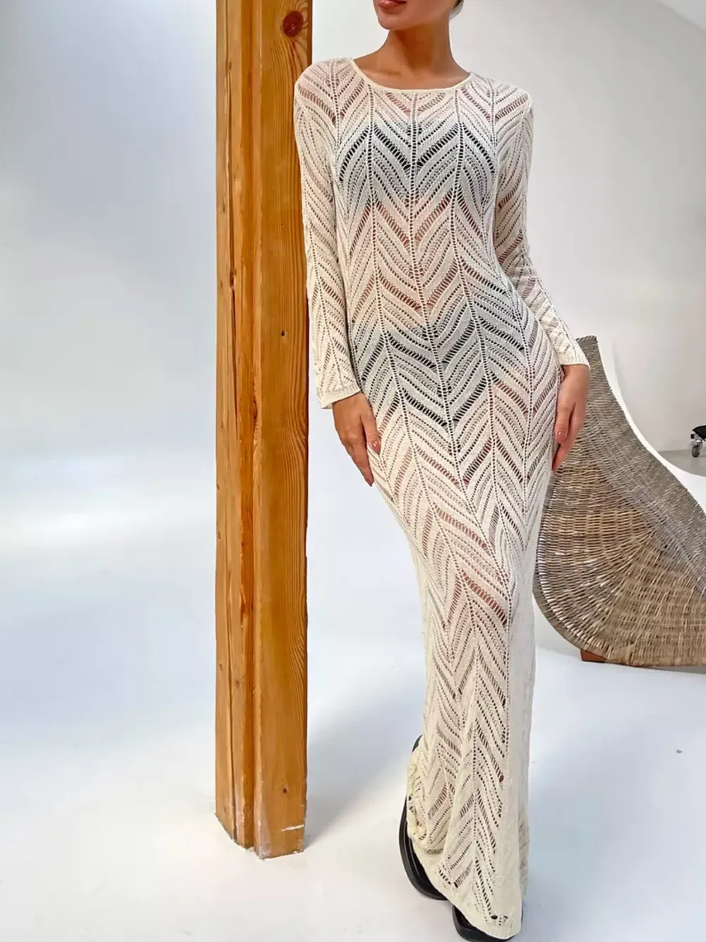 Openwork Long Sleeve Knit Cover Up Dress, image 21