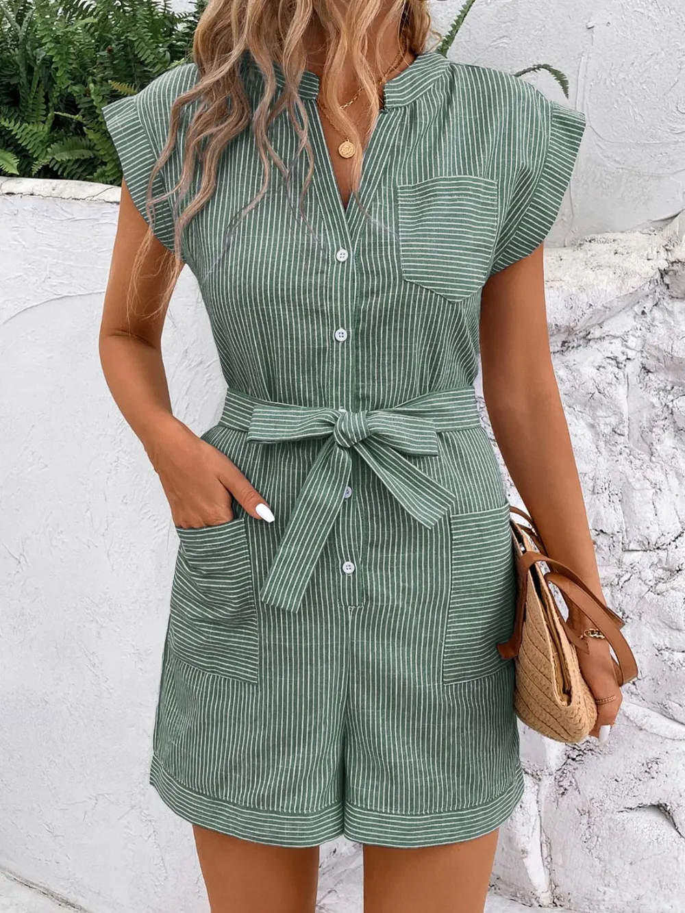 Striped Notched Tie Waist Romper, image 4