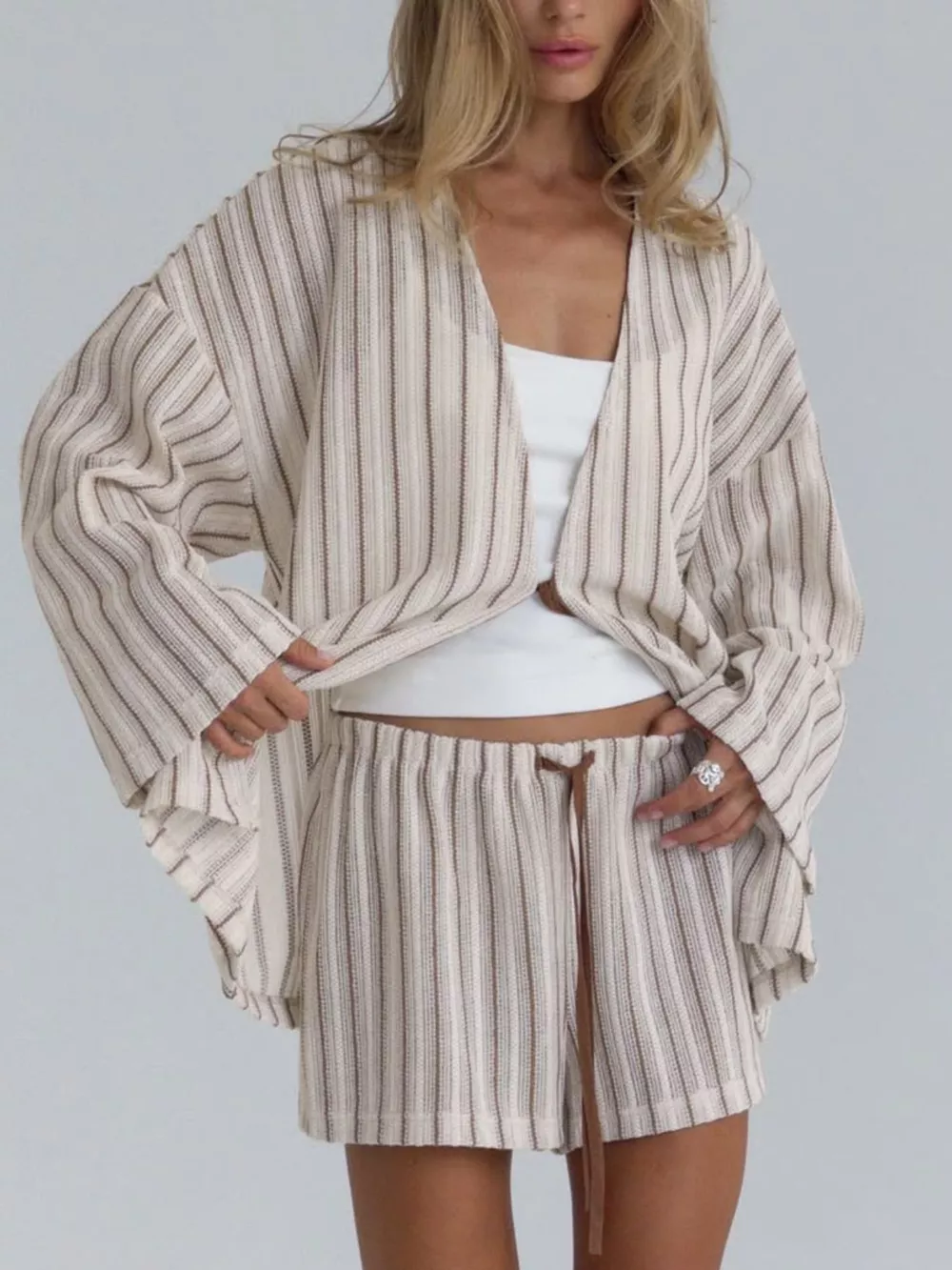 Striped Tie Front Top and Shorts Lounge Set, image 7