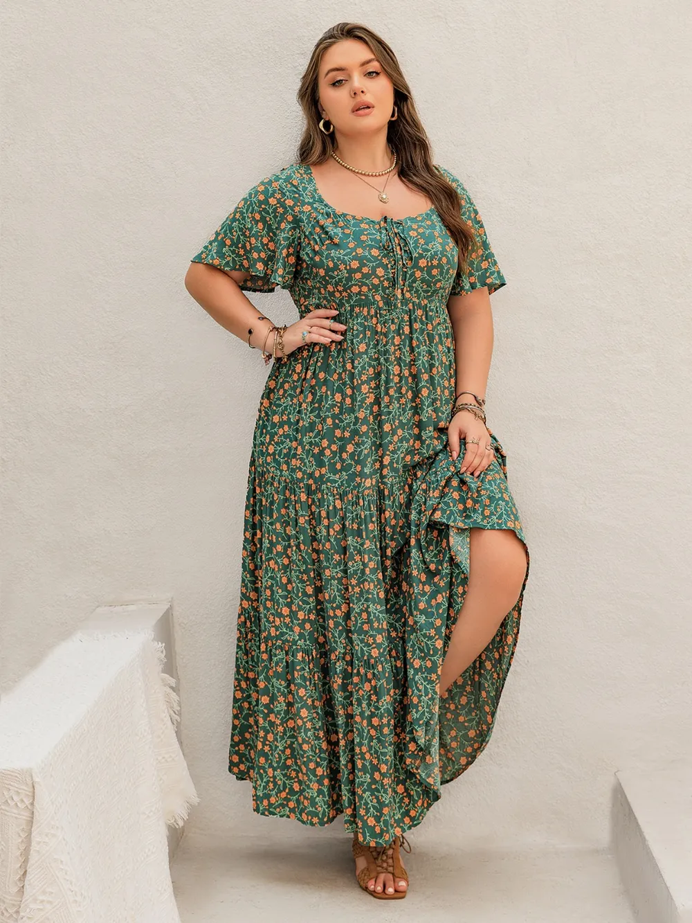 Plus Size Printed Short Sleeve Tiered Maxi Dress, image 6