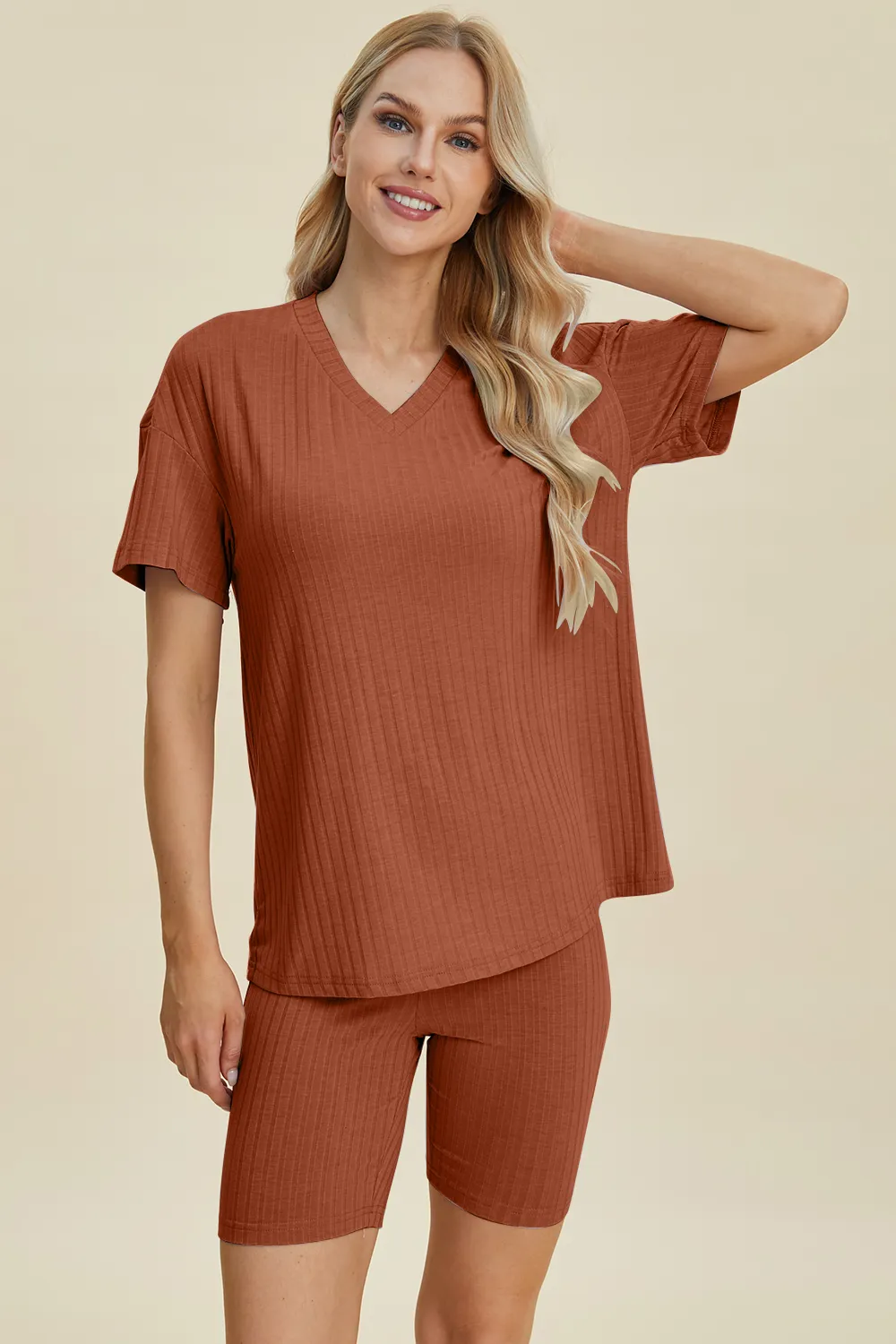 Full Size Ribbed V-Neck Short Sleeve Top and Shorts Set, image 9