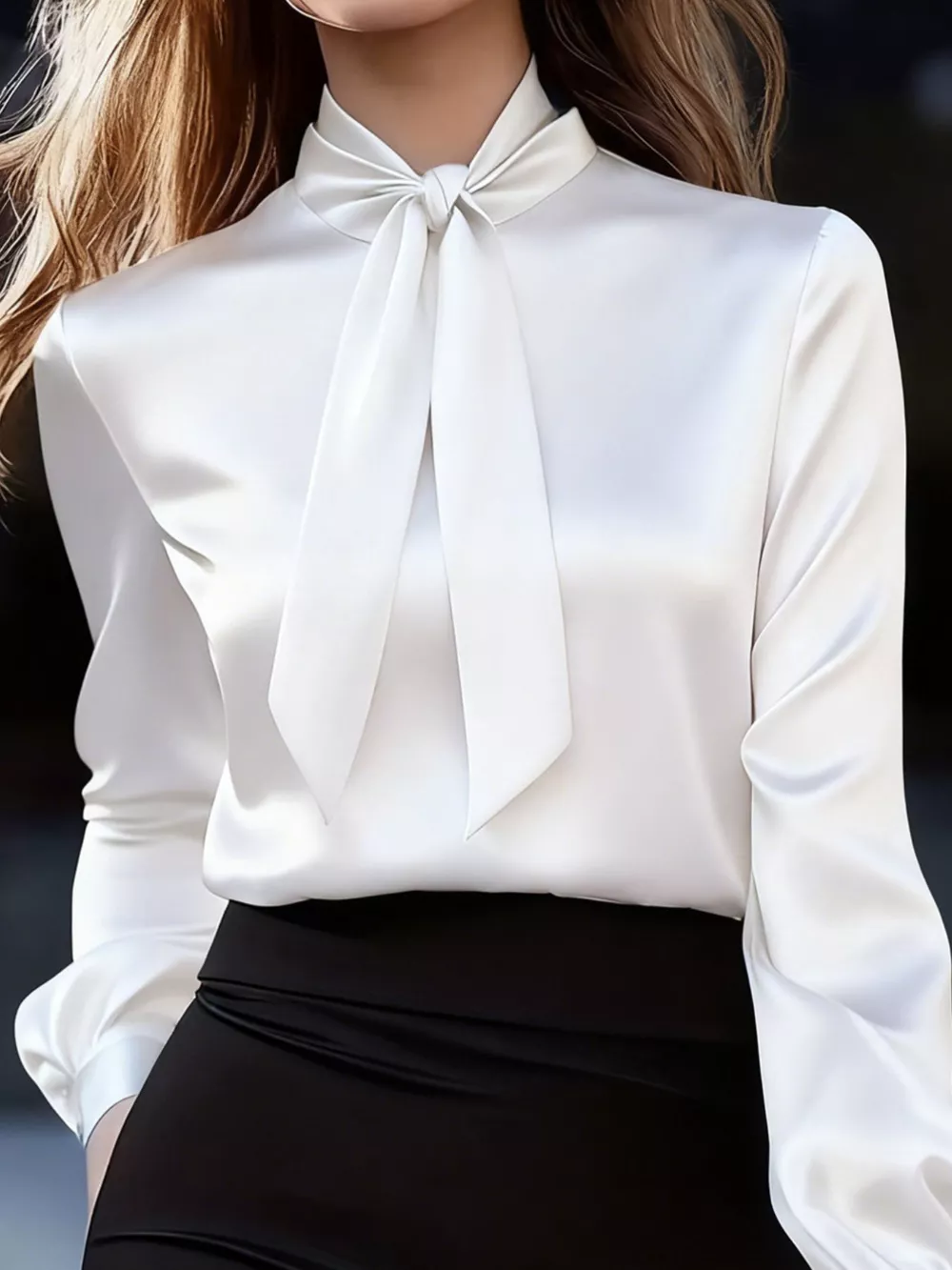 Satin Bow Tie Long Sleeve Blouse, image 5