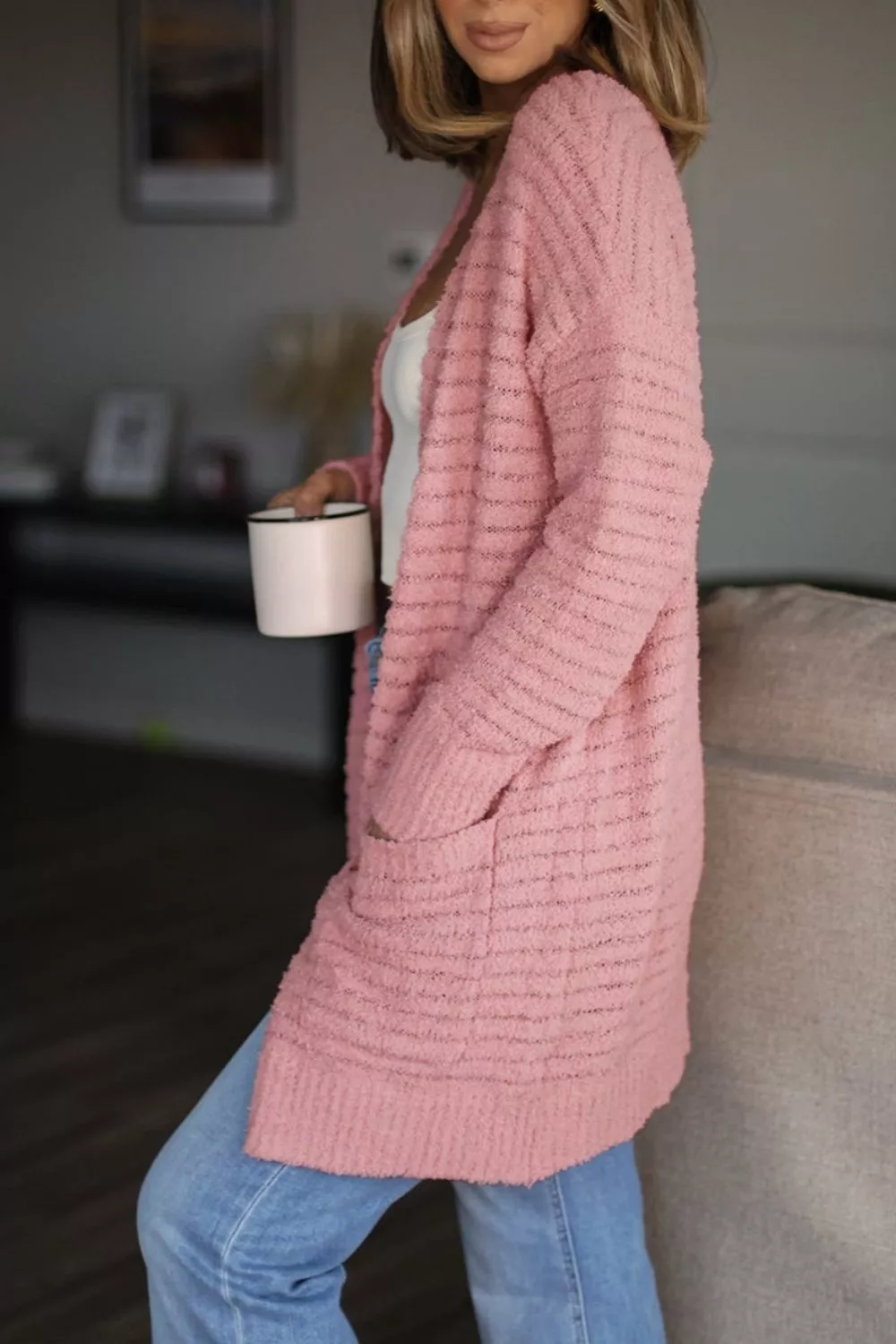 Open Front Soft Fuzzy Ribbed Sweater Cardigan, image 5