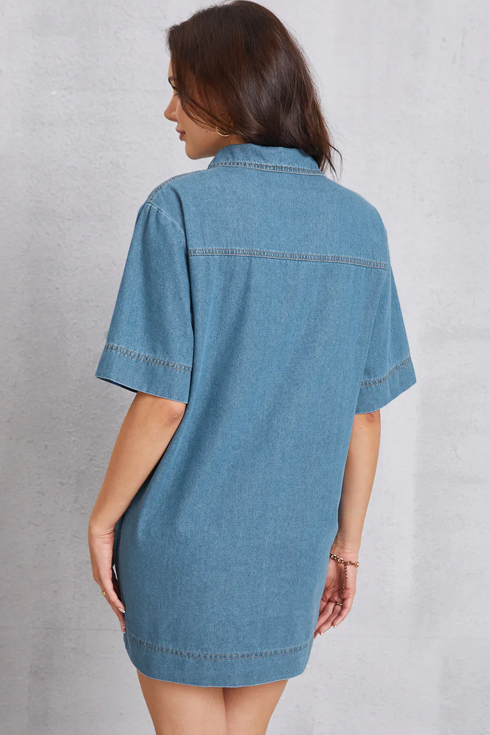 Pocketed Collared Neck Mini Denim Dress, image 6