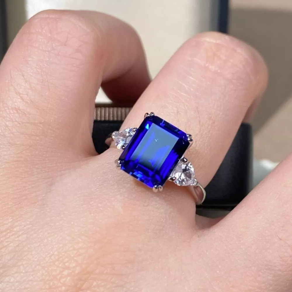 925 Sterling Silver Sapphire Geometric Ring, image 2